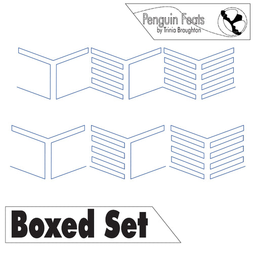 Continuous line in blue of a boxed set with 'Penguin Feats' logo and text at the top.