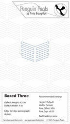 Design info for 'Boxed Three' with geometric shapes and text on a white background