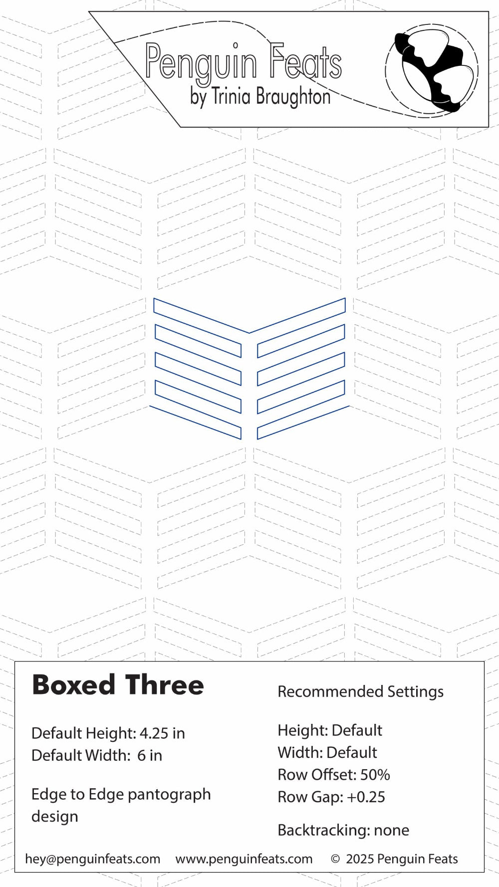Design info for 'Boxed Three' with geometric shapes and text on a white background