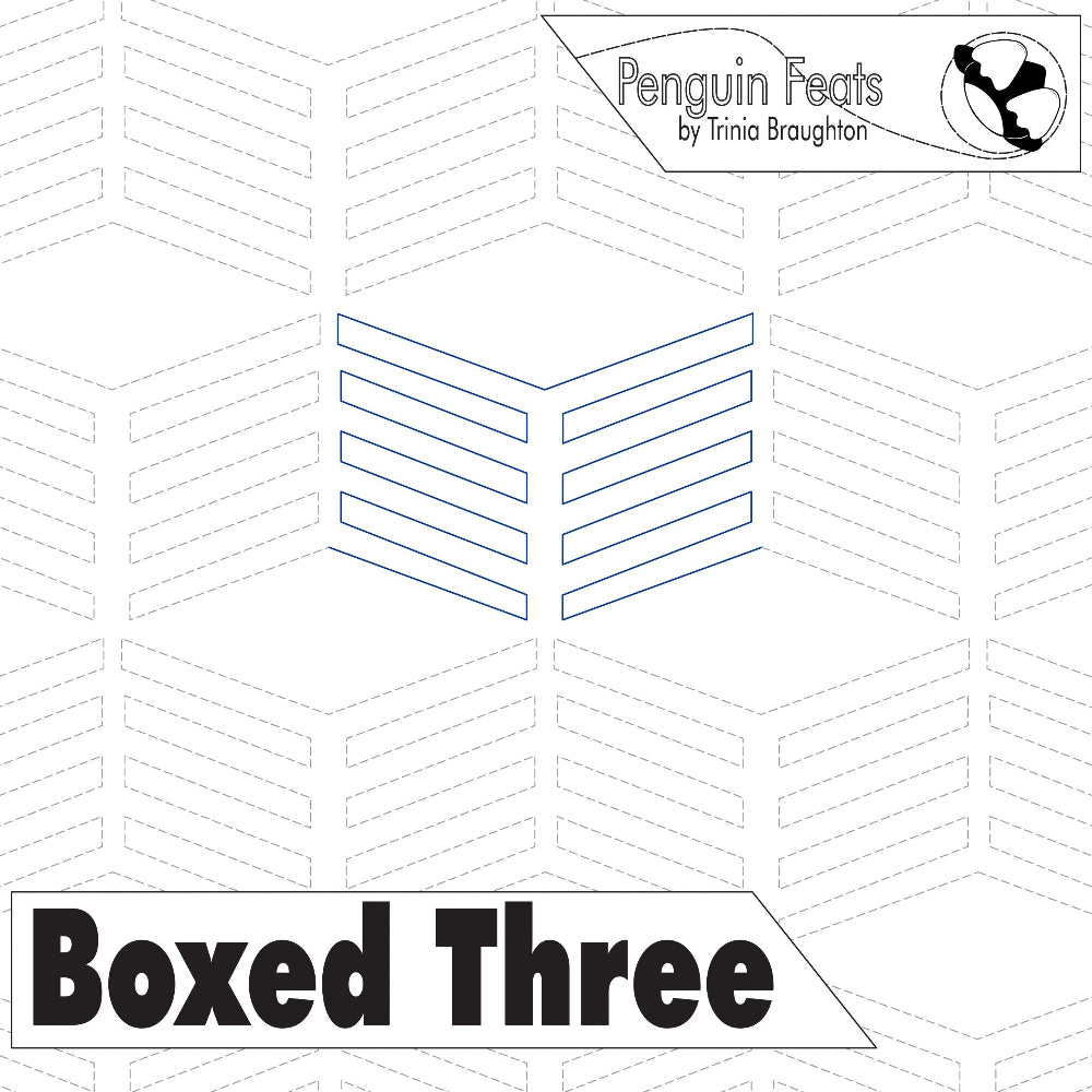 Continuous line of 'Boxed Three' by Penguin Feats with geometric design and text.
