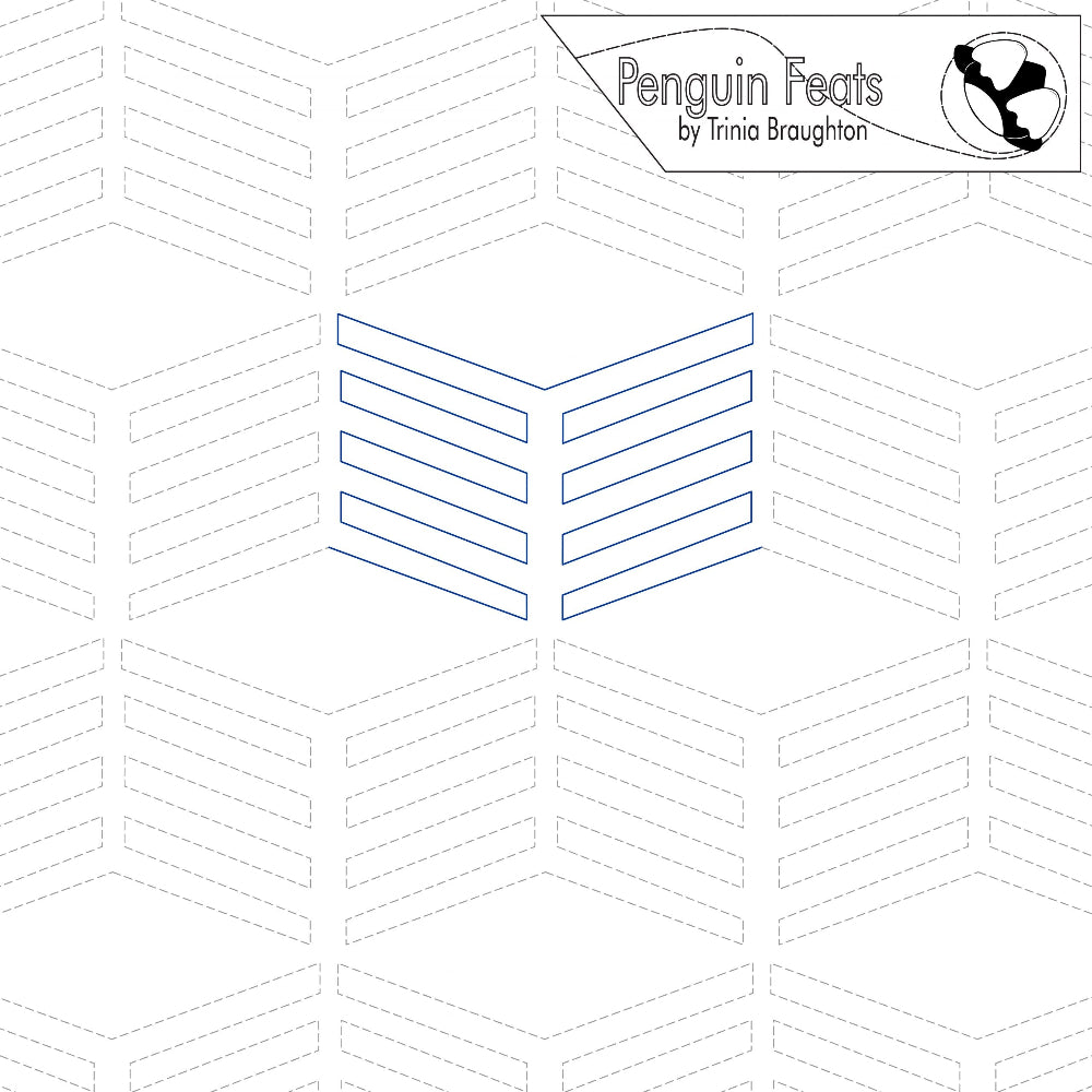 Continuous line geometric pattern and text 'Penguin Feats by Trinia Braughton' on a white background