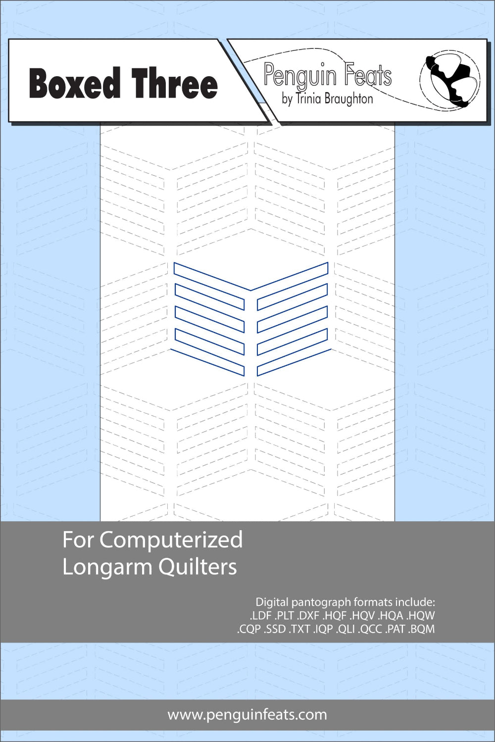 Penguin Feats design sheet for computerized longarm quilters with a blue and gray design on a white background.