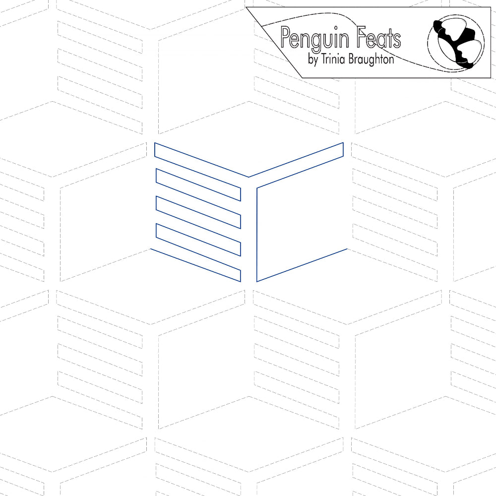 continuous line geometric design and text 'Penguin Feats by Trinia Braughton' on a white background