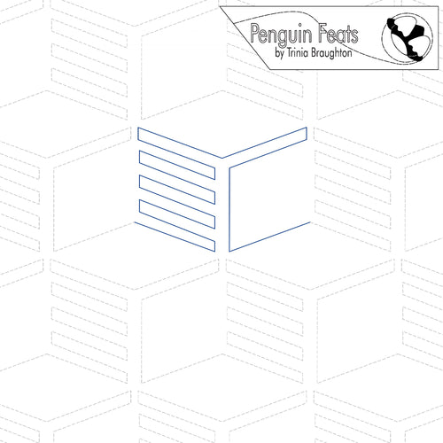 continuous line geometric design and text 'Penguin Feats by Trinia Braughton' on a white background