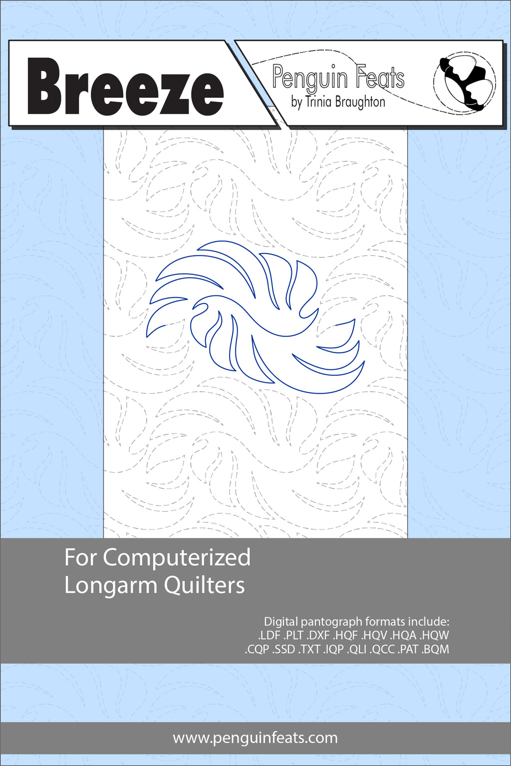 Penguin Feats design sheet for computerized longarm quilters with a blue and gray design on a light blue background.