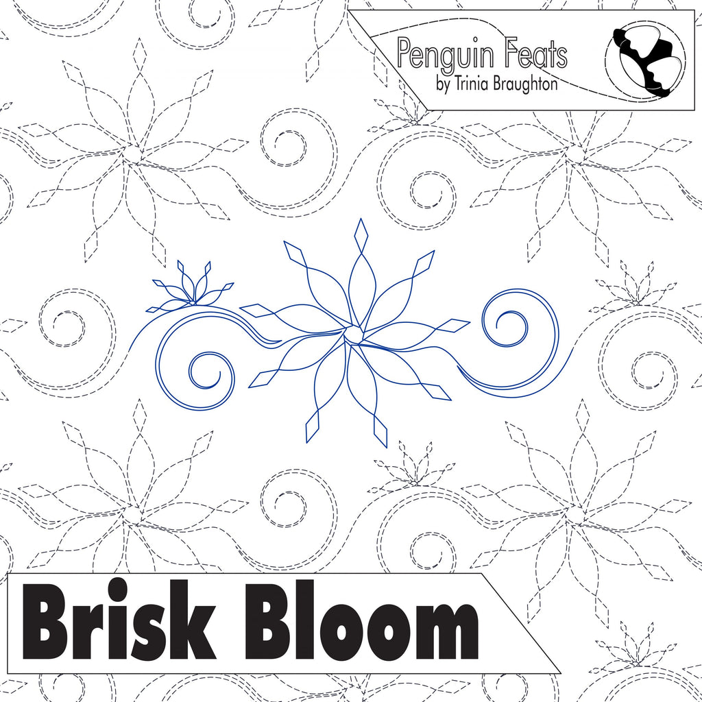 Continuous line design of snowflakes and swirls with 'Brisk Bloom' text, featuring the brand 'Penguin Feats'.