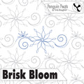 Continuous line design of snowflakes and swirls with 'Brisk Bloom' text, featuring the brand 'Penguin Feats'.