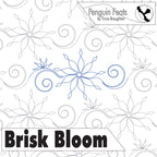 Continuous line design of snowflakes and swirls with 'Brisk Bloom' text, featuring the brand 'Penguin Feats'.
