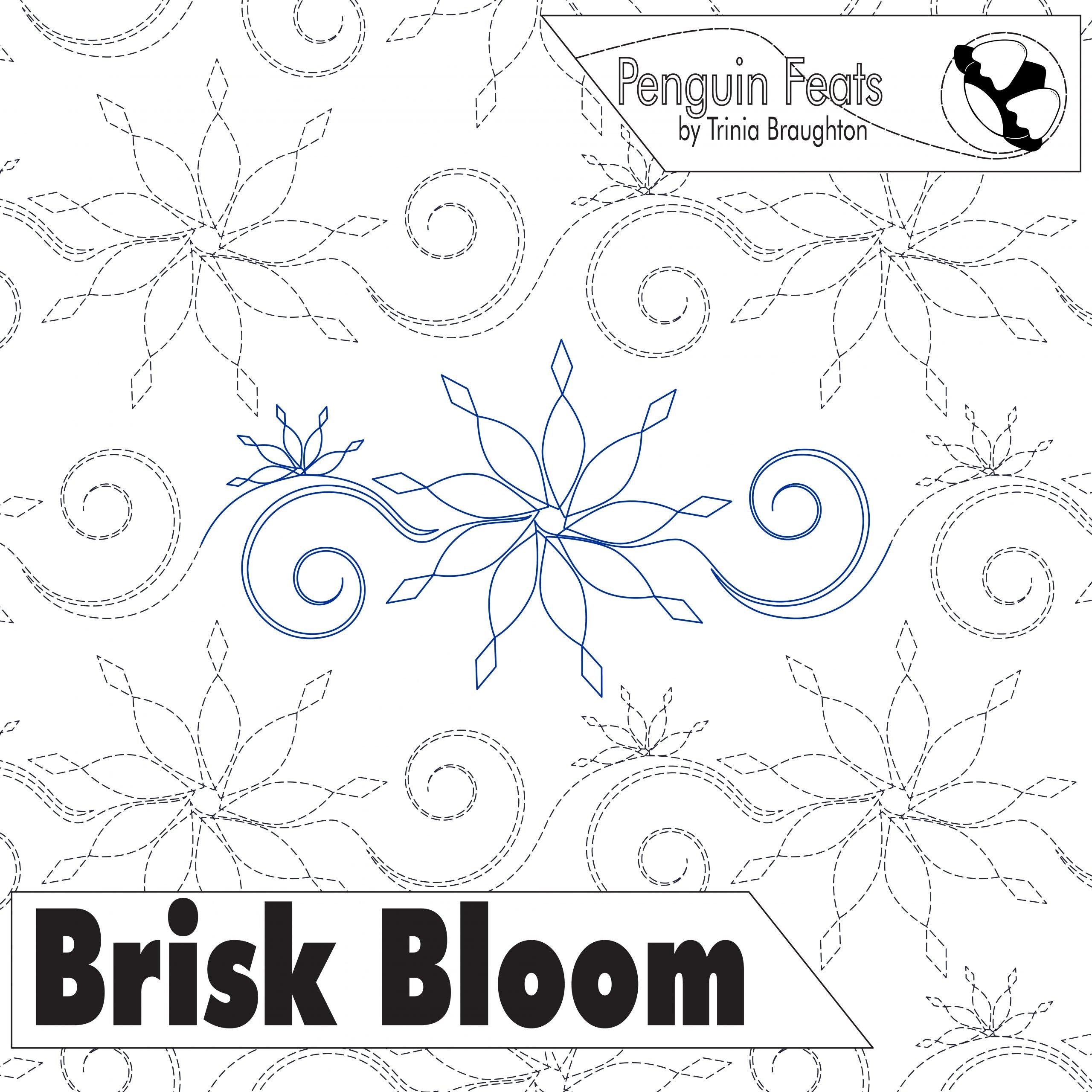 Continuous line design of snowflakes and swirls with 'Brisk Bloom' text, featuring the brand 'Penguin Feats'.
