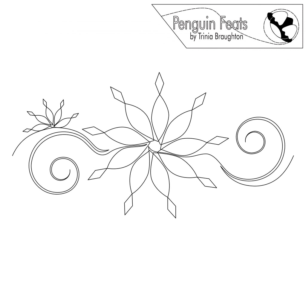 Decorative line drawing with snowflakes and swirl elements, branded 'Penguin Feats' by Trinia Braughton.