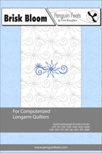 quilting design sheet titled 'Brisk Bloom' by Penguin Feats with a blue snowflake design on a light blue background.