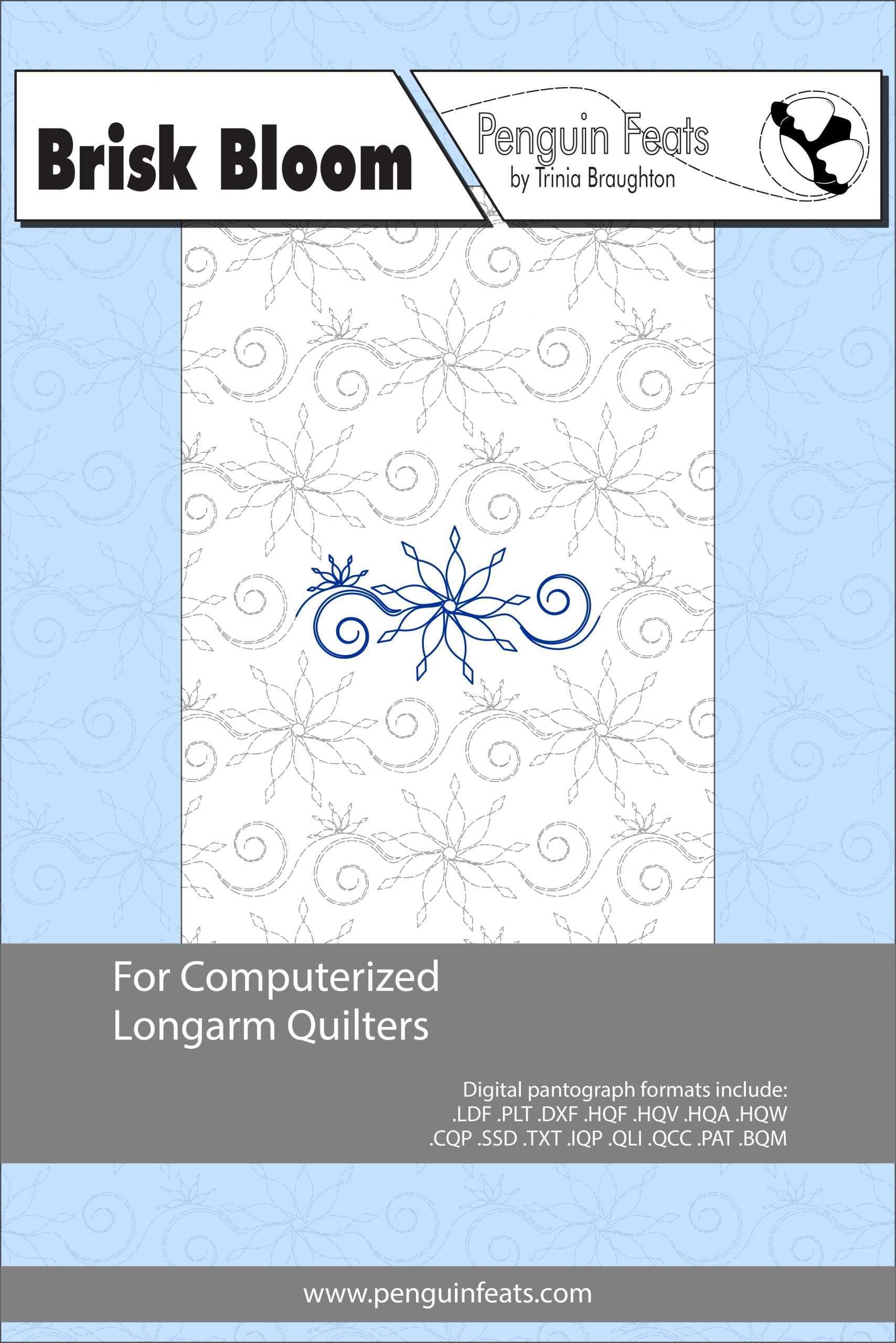 quilting design sheet titled 'Brisk Bloom' by Penguin Feats with a blue snowflake design on a light blue background.