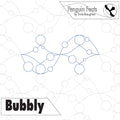 Quilting design of bubbles and 'Penguin Feats' branding on a white background.