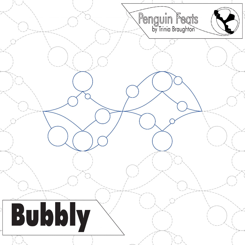 Quilting design of bubbles and 'Penguin Feats' branding on a white background.