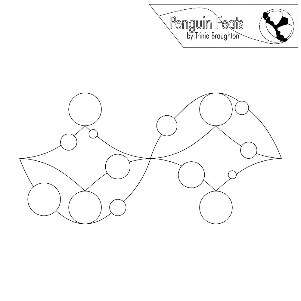 Black outline of a decorative pattern on a white background, featuring the text 'Penguin Feats by Trinia Braughton'.