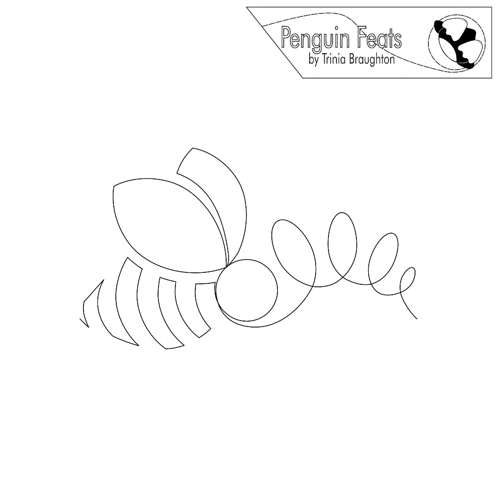 Continuous line design of a bee with 'Penguin Feats by Trinia Braughton' logo at the top.