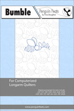 Quilting design sheet titled 'Bumble' by Penguin Feats with a blue continuous line bee design 