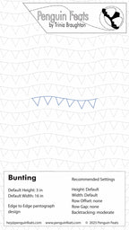 Penguin Feats Bunting design sheet with design settings and branding information.
