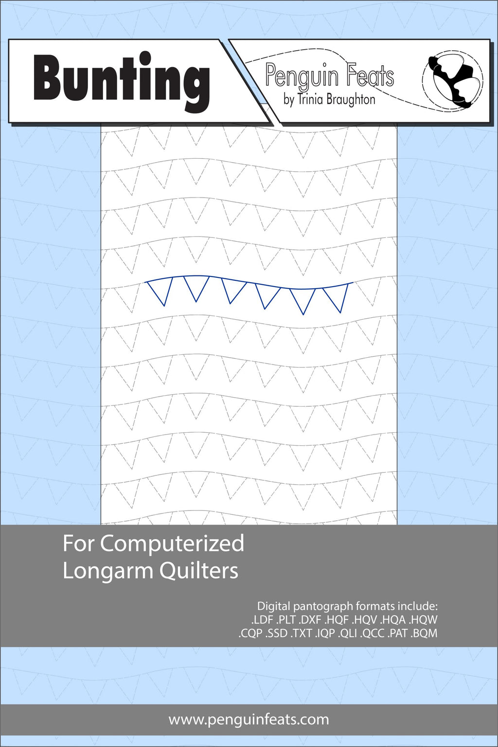 Bunting pattern for computerized longarm quilters with a blue and gray design on a white background.