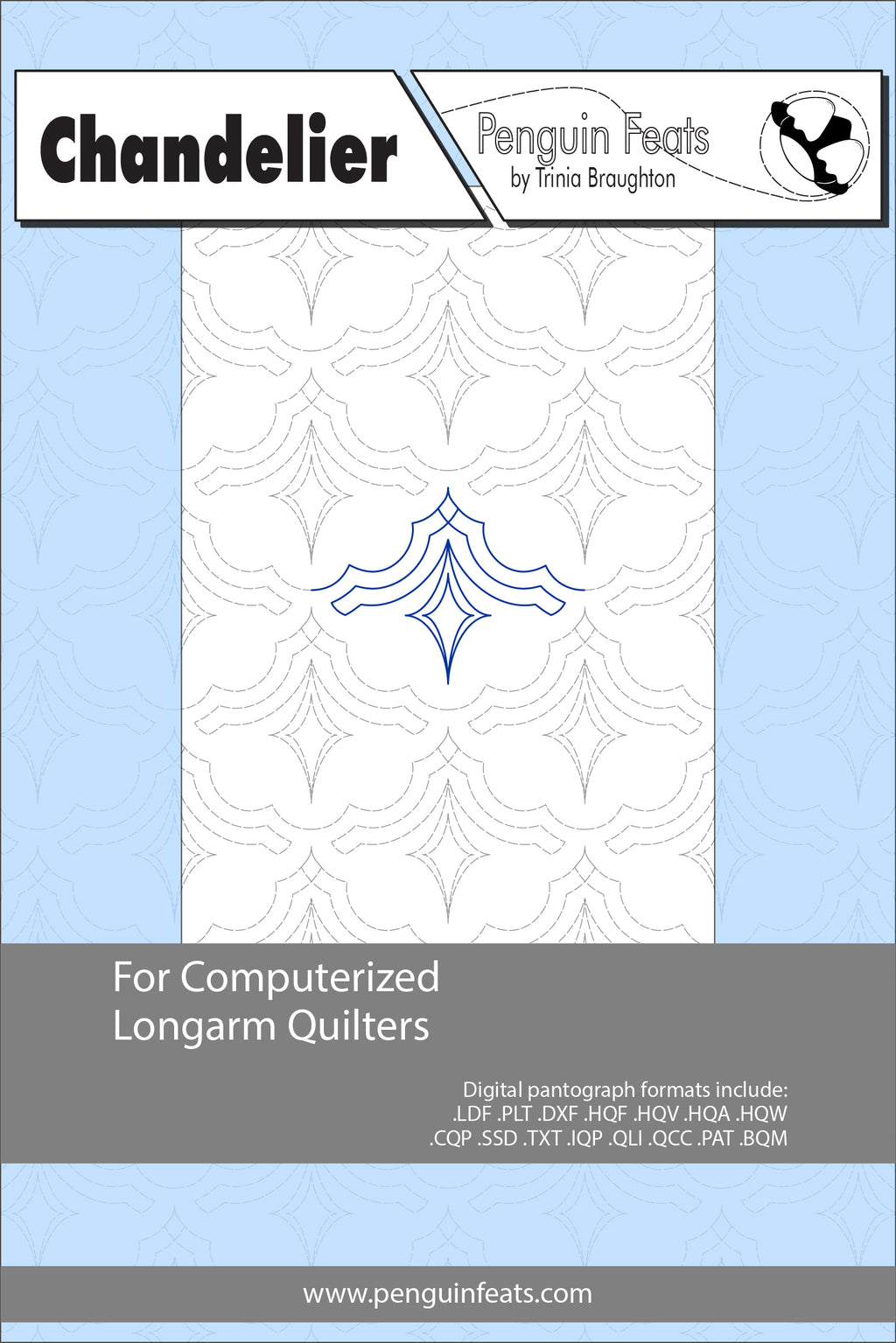 Quilting design sheet titled 'Chandelier' by Penguin Feats on a light blue background.