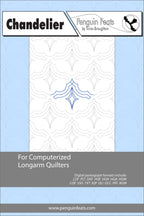 Quilting design sheet titled 'Chandelier' by Penguin Feats on a light blue background.