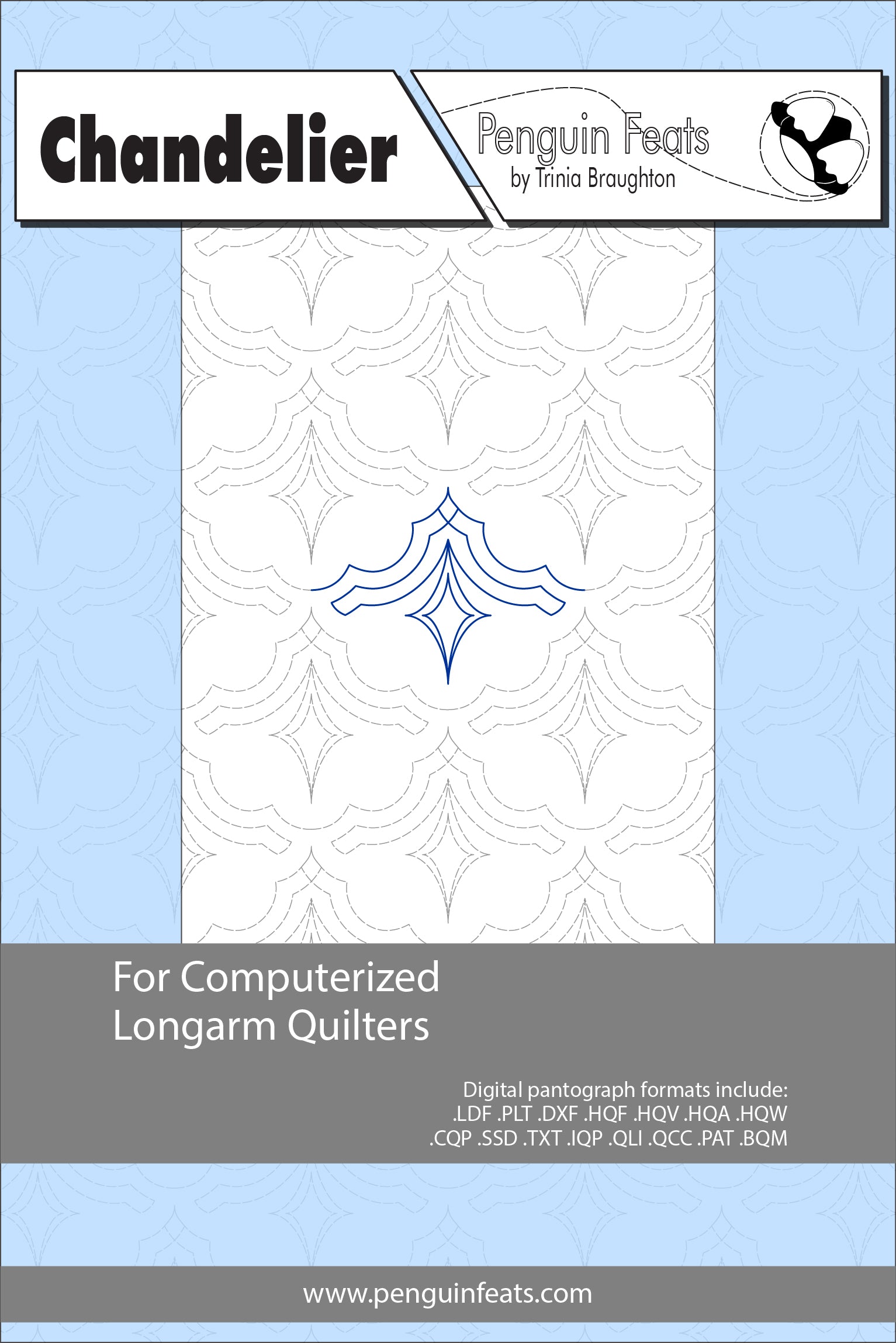 Quilting design sheet titled 'Chandelier' by Penguin Feats on a light blue background.