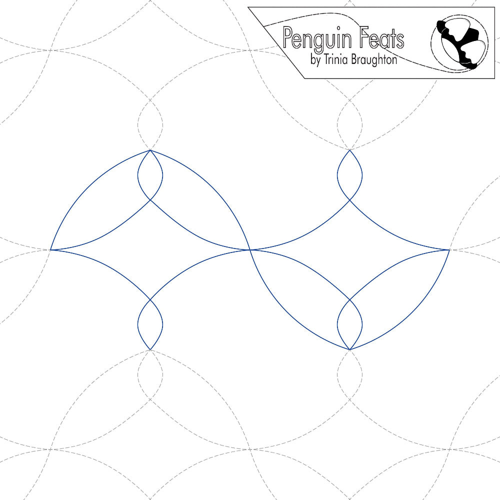 Geometric pattern with interlocking shapes on a white background, featuring the 'Penguin Feats' logo.