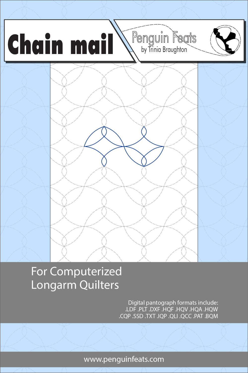 Design sheet for chain mail design by Penguin Feats on a light blue background