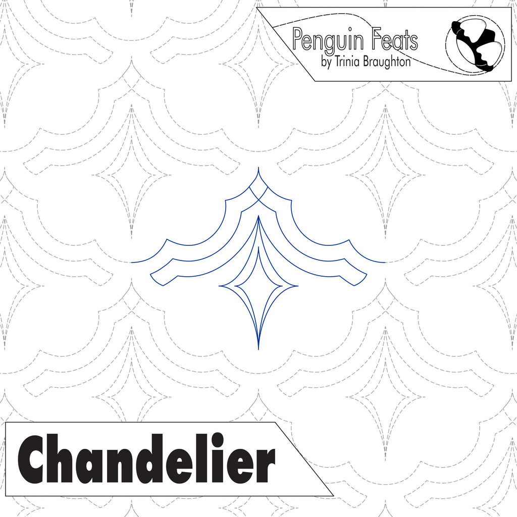 Design of a chandelier with 'Penguin Feats' branding and patterned background