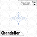 Design of a chandelier with 'Penguin Feats' branding and patterned background