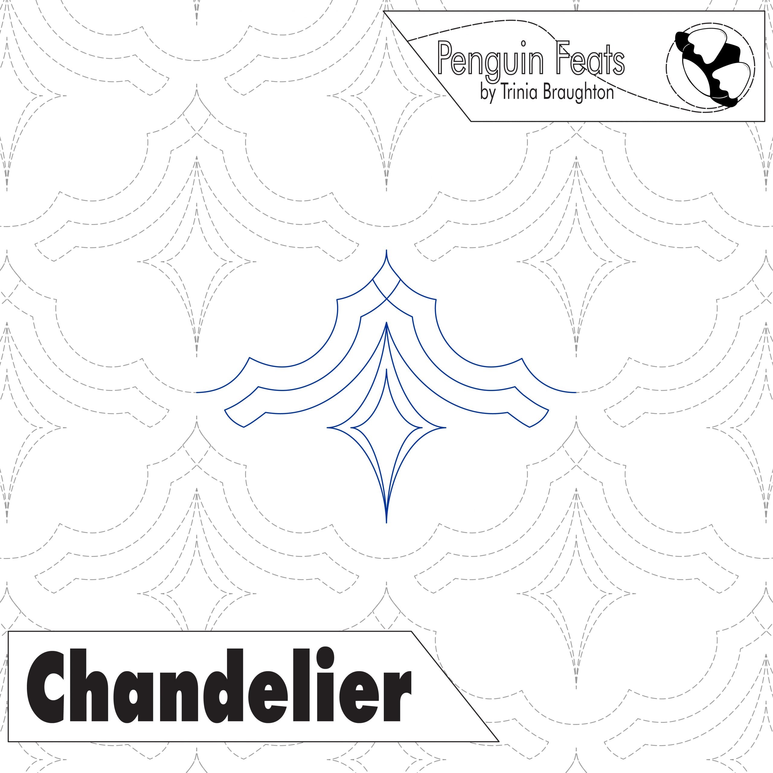 Design of a chandelier with 'Penguin Feats' branding and patterned background