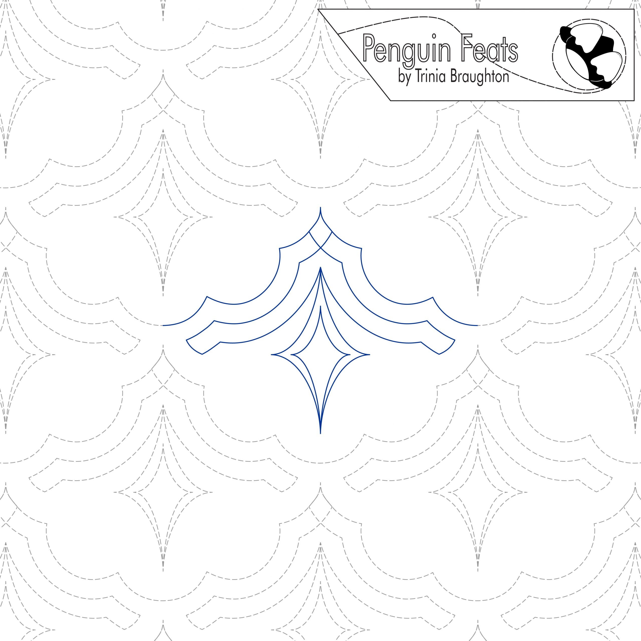 Continuous line design with connecting lines and star drop pattern and 'Penguin Feats' branding.