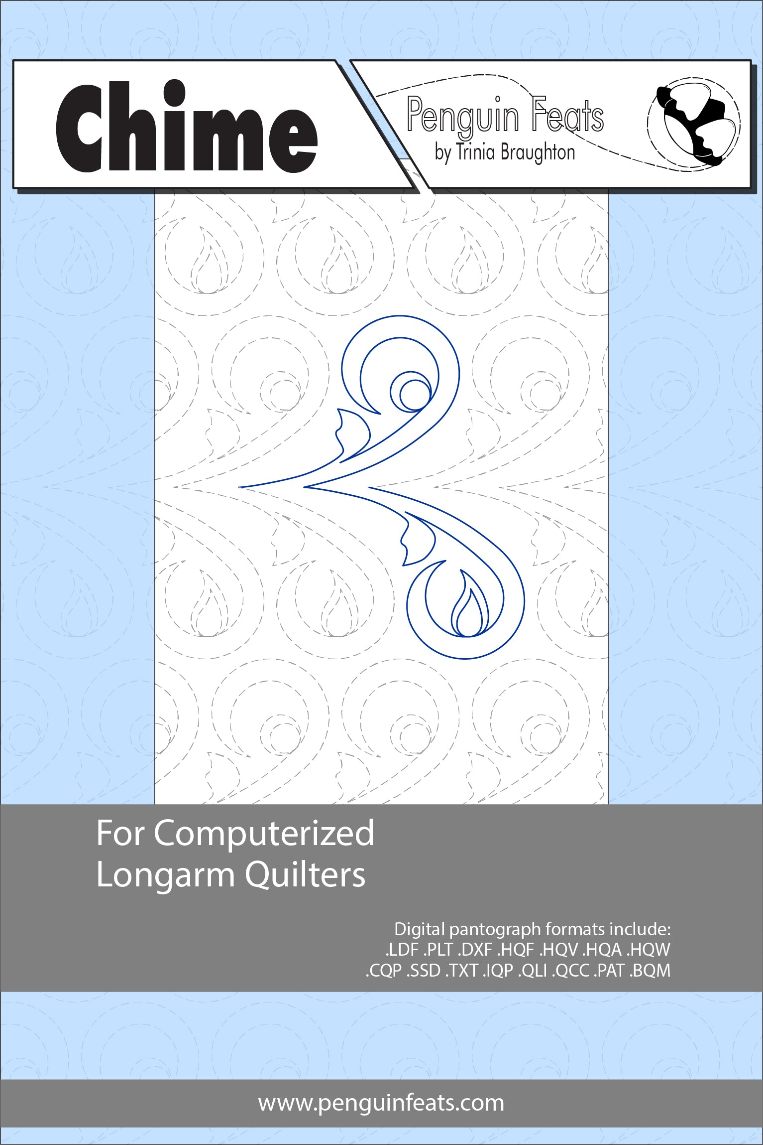 Quilting pattern sheet for 'Chime' with a blue and white design on the cover.