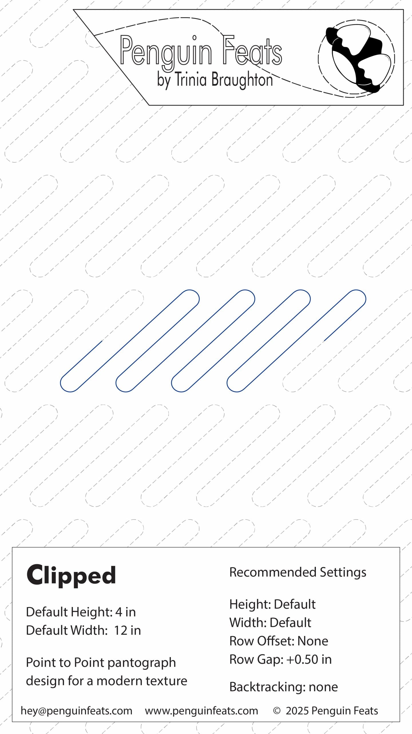 Design sheet for Clipped pantograph with settings and branding at the top