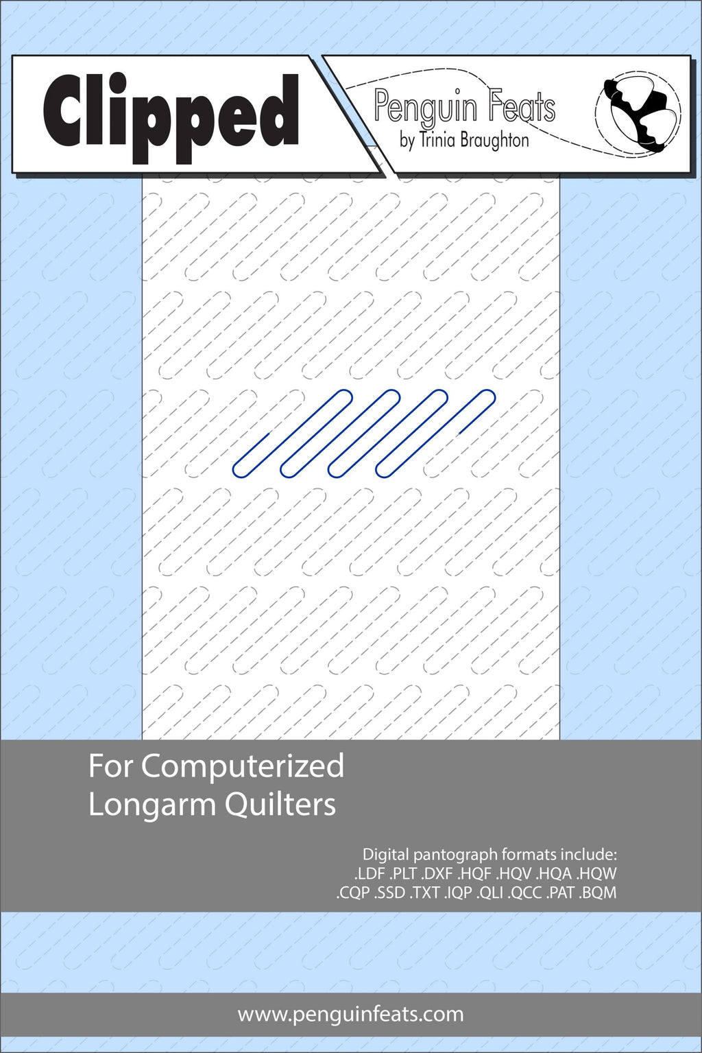 Product sheet for 'Clipped' by Penguin Feats with a blue and gray design.