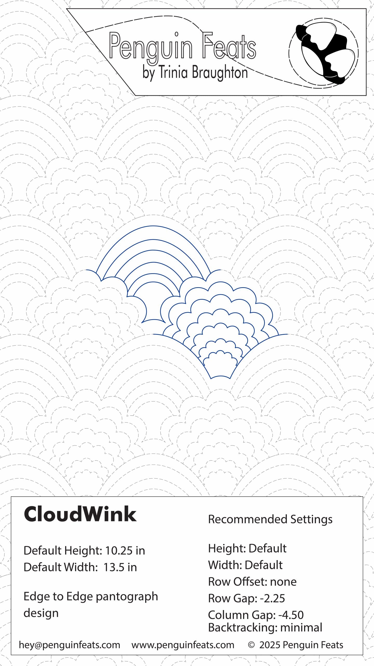 Cloud and rainbow design settings sheet with branding and product details.