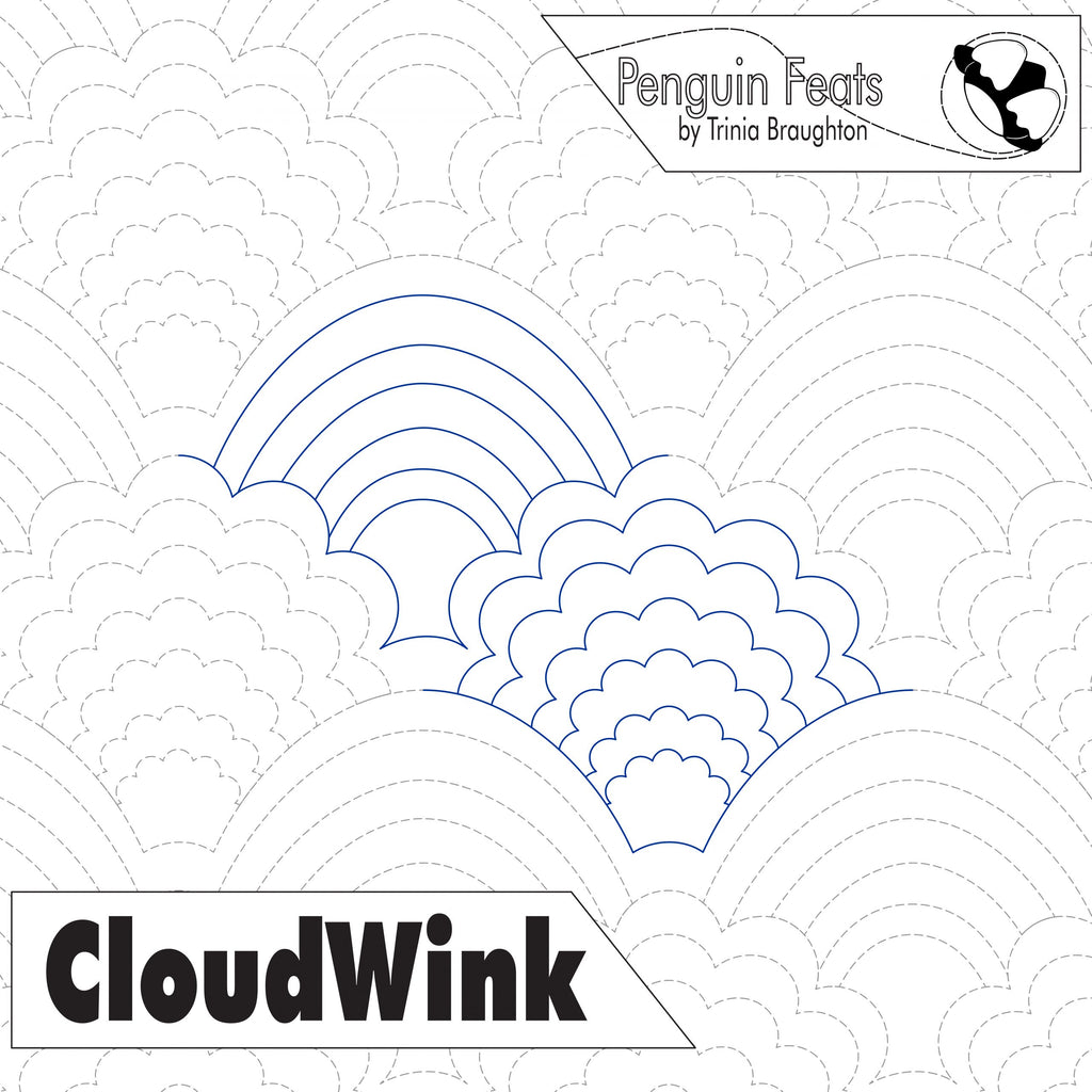 Outline of cloud and rainbow design titled 'CloudWink' with Penguin Feats branding on a white background