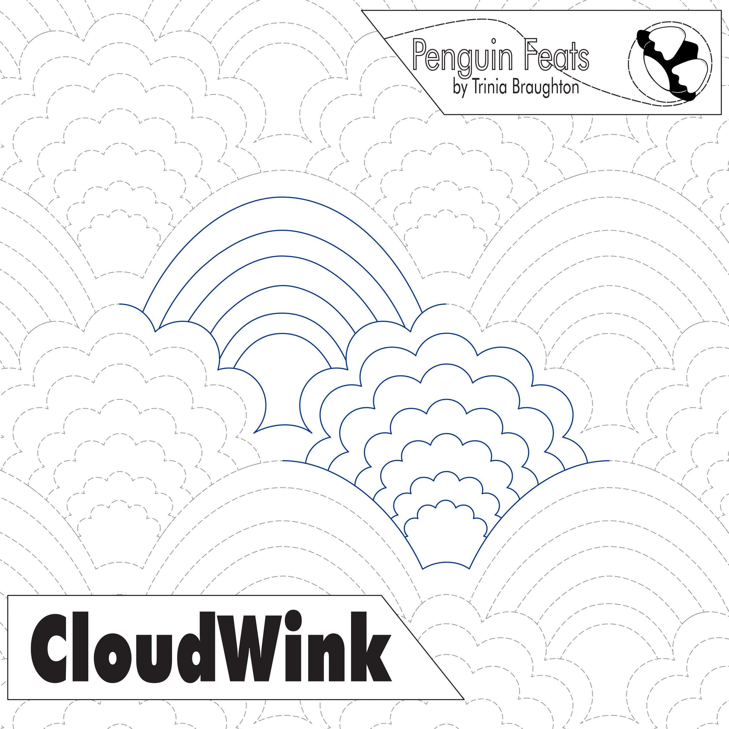 Outline of cloud and rainbow design titled 'CloudWink' with Penguin Feats branding on a white background