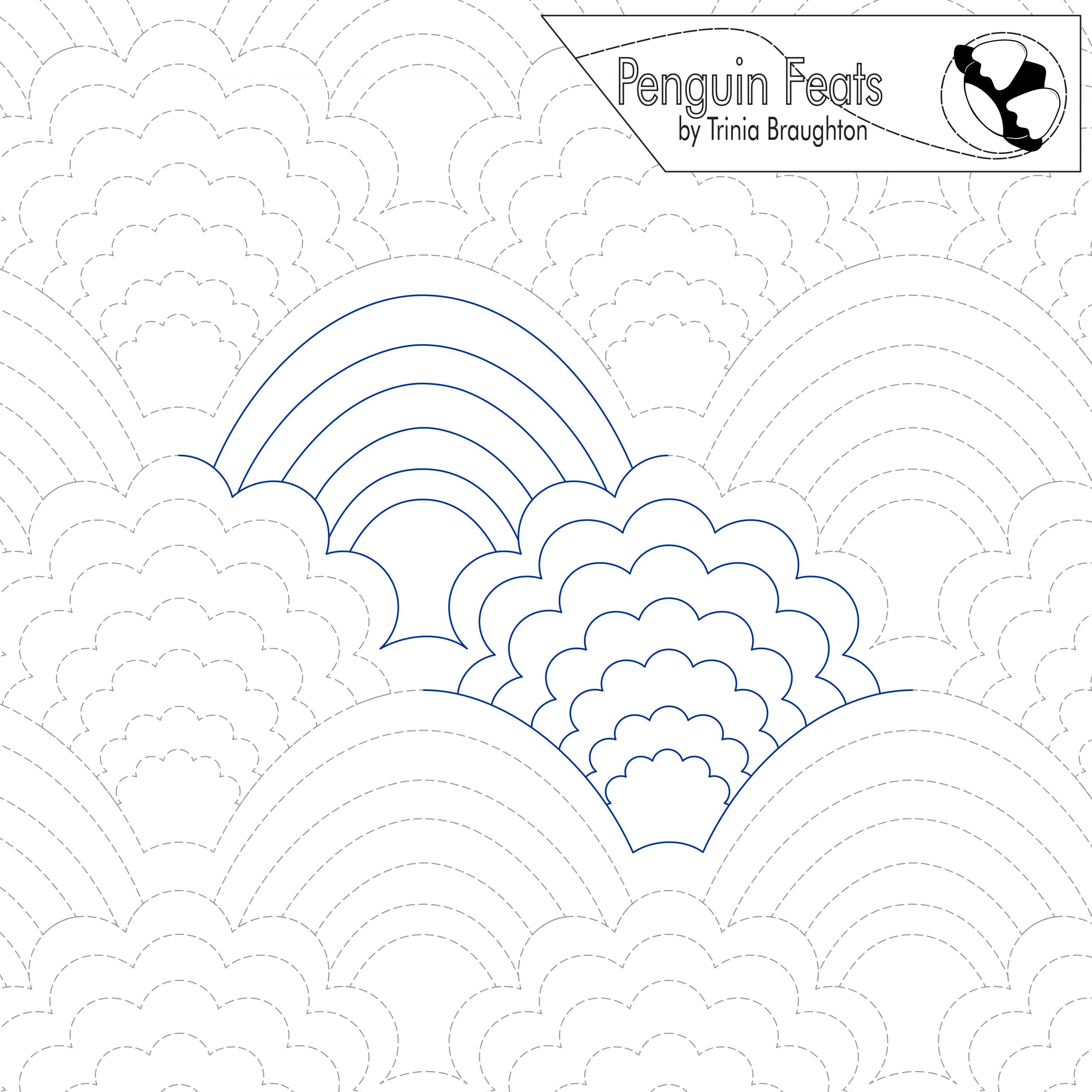 Outline of a cloud and rainbow design with 'Penguin Feats' branding at the top.