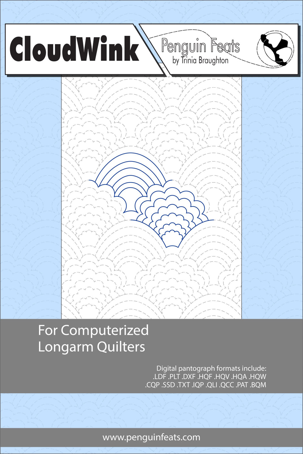 Design sheet for computerized longarm quilters with cloud and rainbow pattern on a blue background.