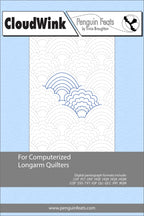 Design sheet for computerized longarm quilters with cloud and rainbow pattern on a blue background.
