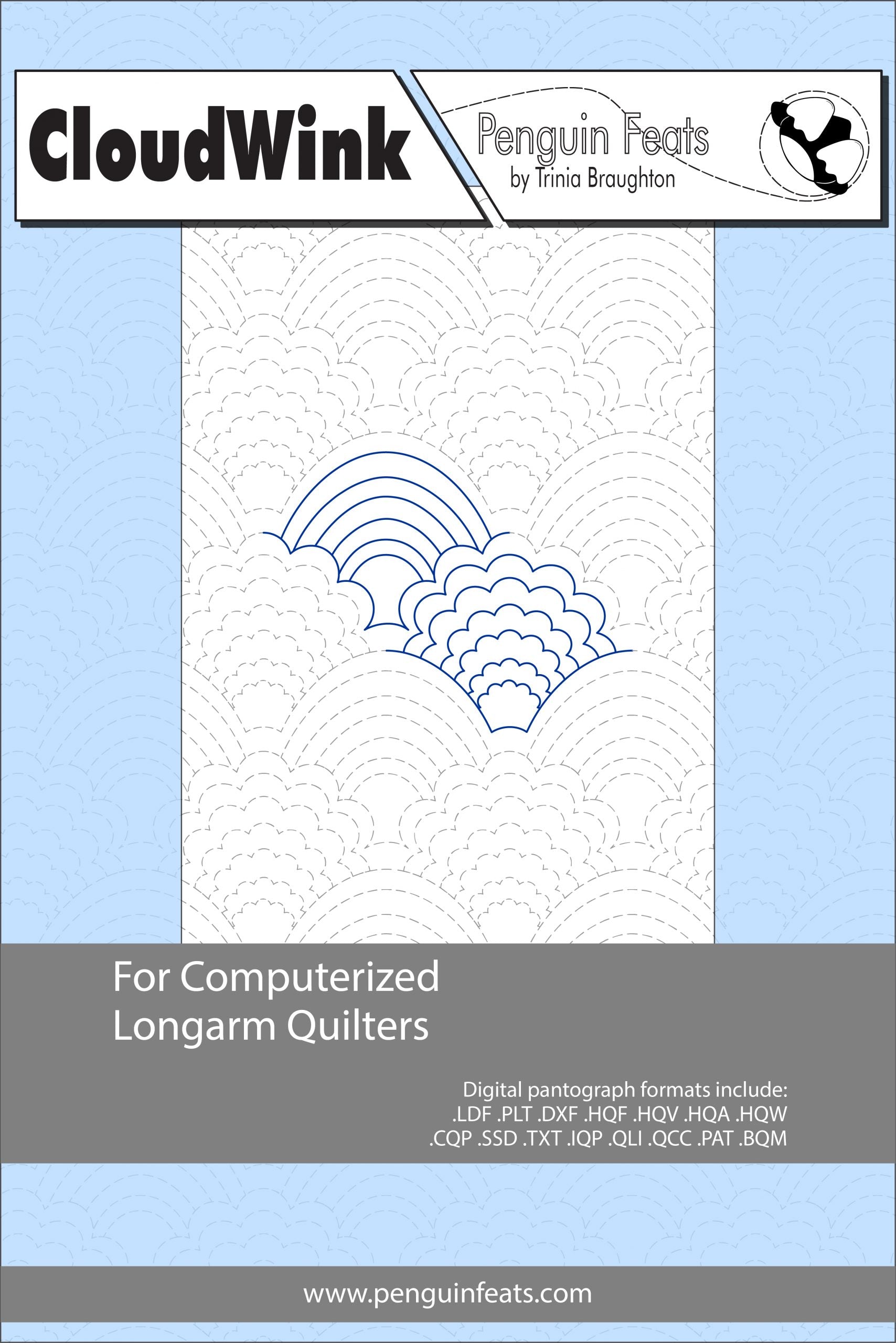 Design sheet for computerized longarm quilters with cloud and rainbow pattern on a blue background.