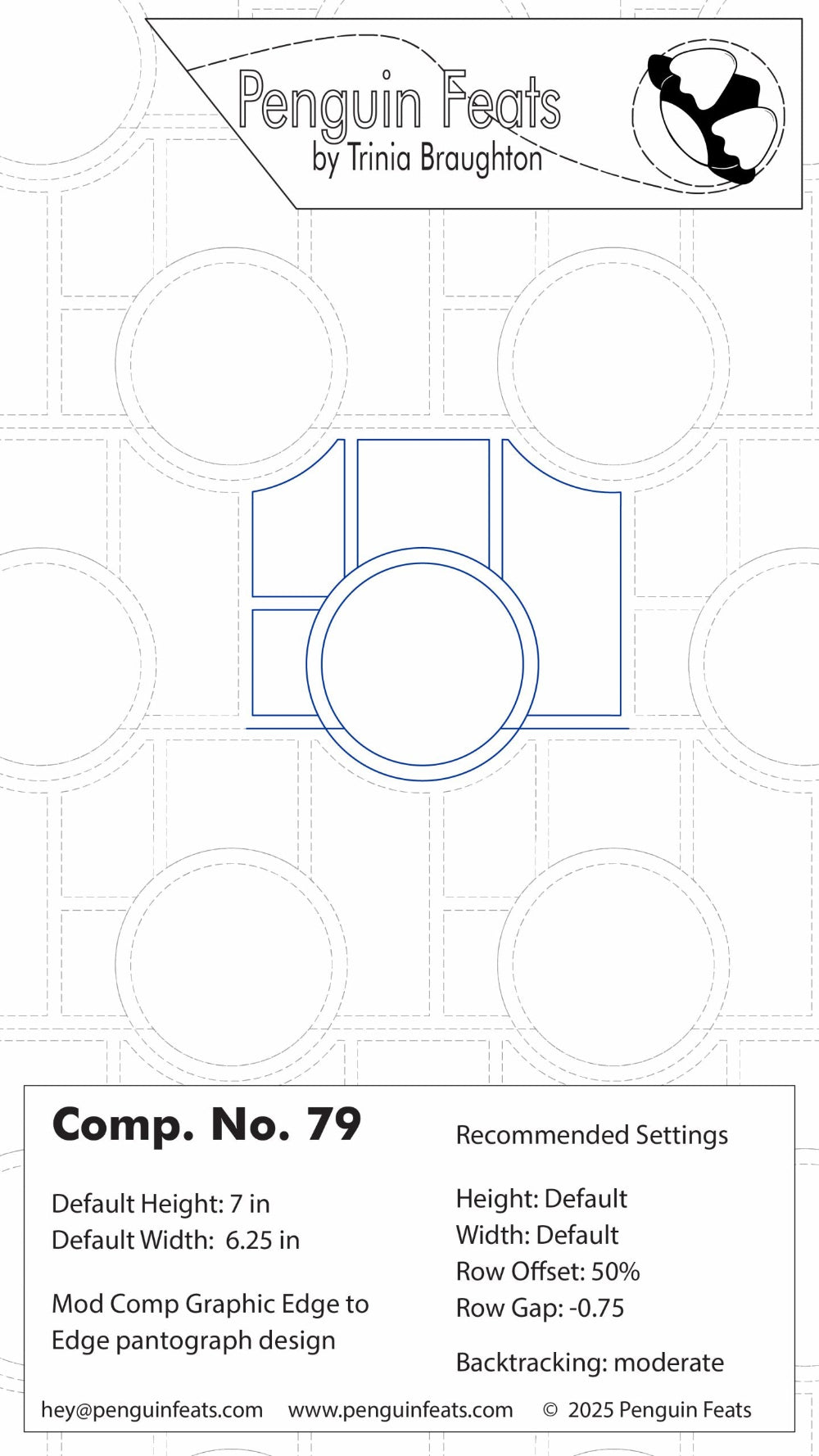 Design info for Comp No 79 design with  geometric shapes and text, featuring the brand 'Penguin Feats' by Trinia Braughton.