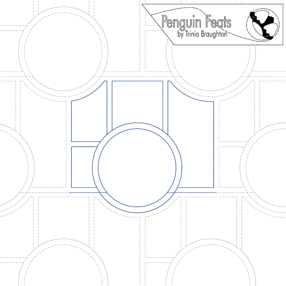 Continuous line in blue with geometric shapes and 'Penguin Feats' branding.