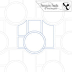 Continuous line in blue with geometric shapes and 'Penguin Feats' branding.