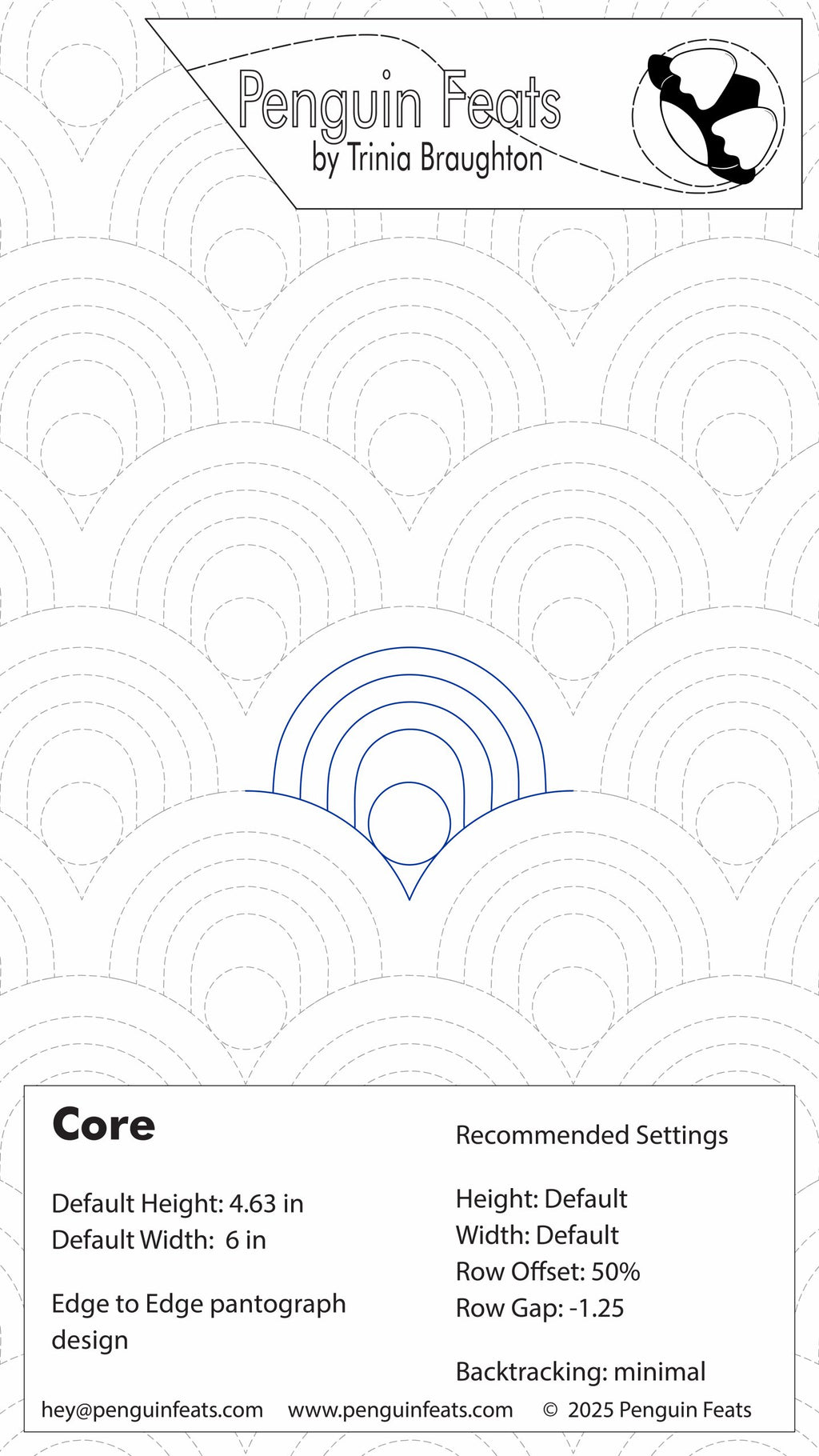Design sheet for Core an arcing design with a center circle with 'Penguin Feats' by Trinia Braughton and recommended settings