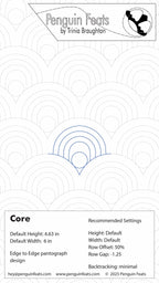 Design sheet for Core an arcing design with a center circle with 'Penguin Feats' by Trinia Braughton and recommended settings