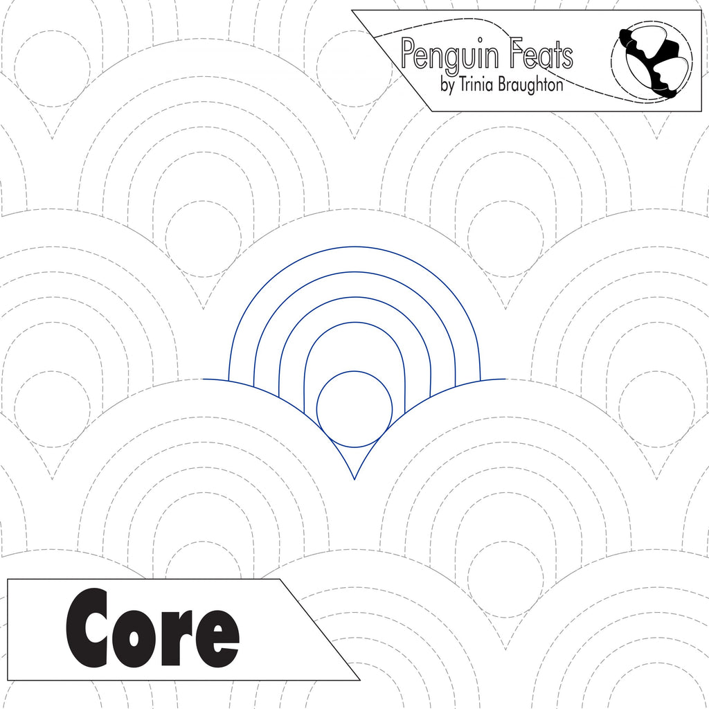 Patterned design with concentric circles and text 'Penguin Feats by Trinia Braughton' and 'Core'.