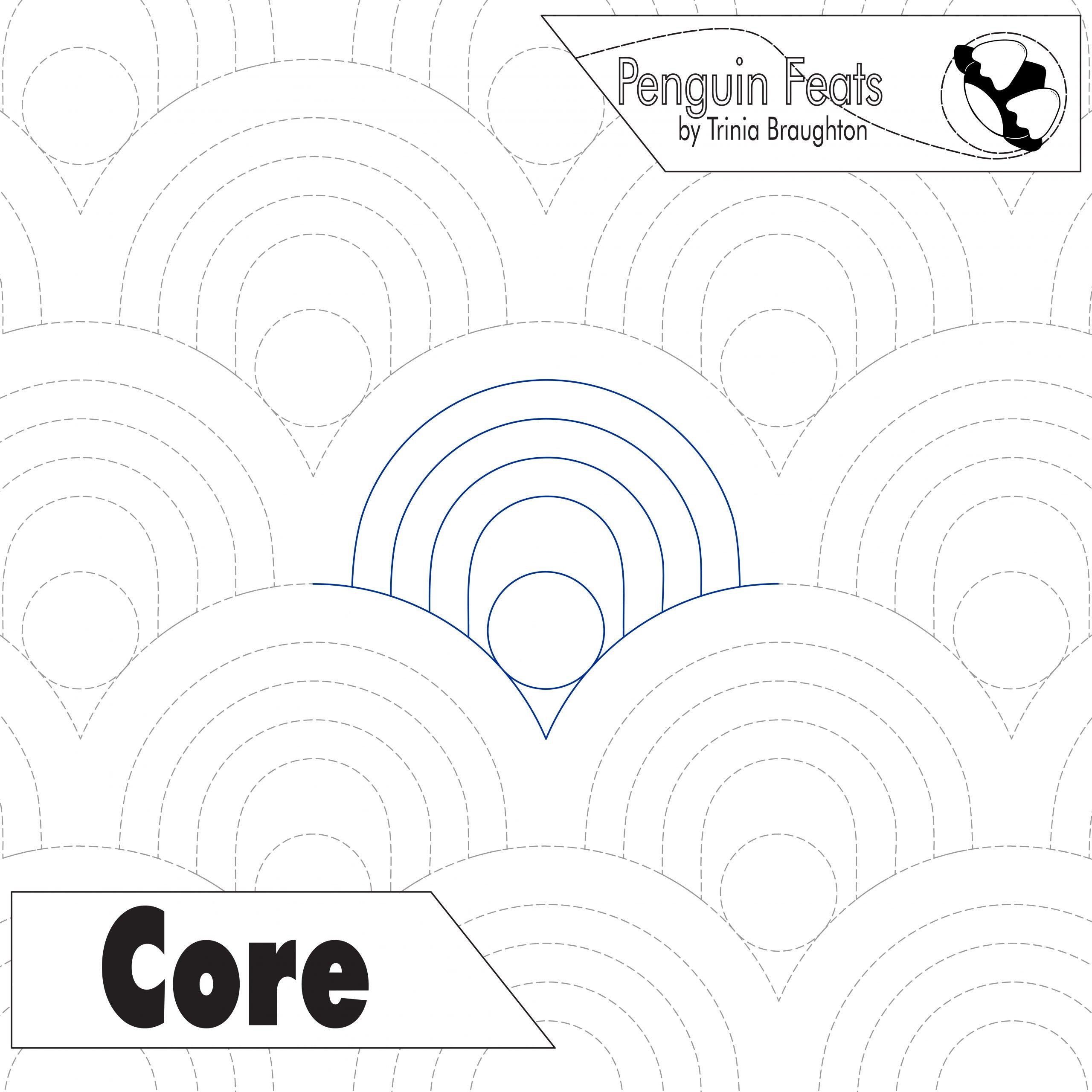 Patterned design with concentric circles and text 'Penguin Feats by Trinia Braughton' and 'Core'.