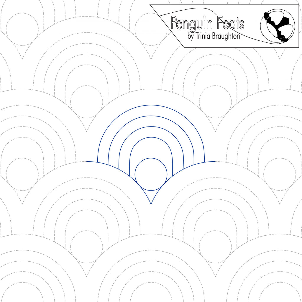 Pattern design with concentric circles and a logo for 'Penguin Feats' 